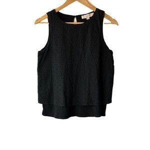 ANN TAYLOR LOFT Petites Black Double Layered Eyelet High Neck Sleeveless Top XXS